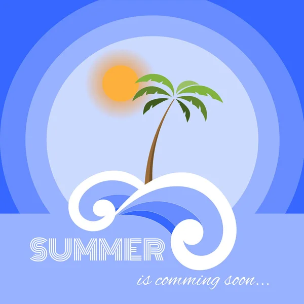 Vector de fondo de verano. Concepto de vacaciones. Ilustración de sol, palma y mar en estilo plano . — Archivo Imágenes Vectoriales