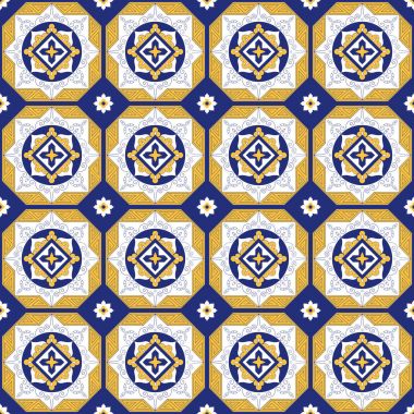 Portekizce gelen mavi, sarı ve beyaz süsler tasarlamak vektör döşer. Portekiz azulejo, Meksika, İspanya, Fas veya Arapça motifler. Arka plan duvar kağıdı, yüzey dokusu, kaydırma veya kumaş için.