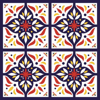 tile6spanish fayans tasarlamak vektör çiçek süslemeli. Portekizce azulejo, talavera Meksika veya oryantal Fas motifler. Duvar kağıdı, yüzey dokusu, kaydırma veya kumaş kiremitli arka plan.