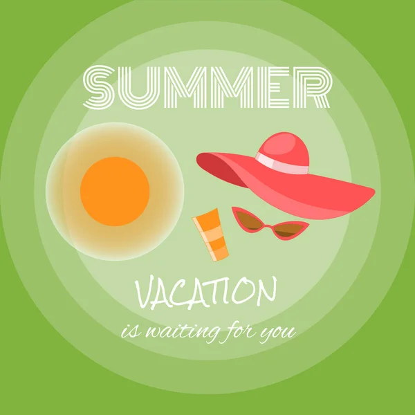 Векторна літня подорож ілюстрація з капелюхом, сонцезахисними окулярами та сонячним кремом. Тло відпустки. Літній плакат або банер для реклами або вашого дизайну — стоковий вектор