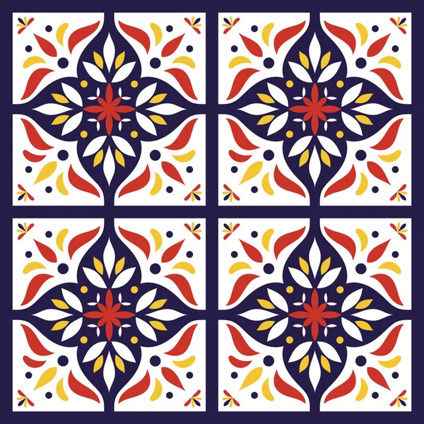 Azulejo6azulejos españoles patrón vector con flores ornamentos. Azulejo portugués, talavera motivos mexicanos u orientales marroquíes. Fondo de baldosas para papel pintado, textura superficial, envoltura o tela . — Vector de stock