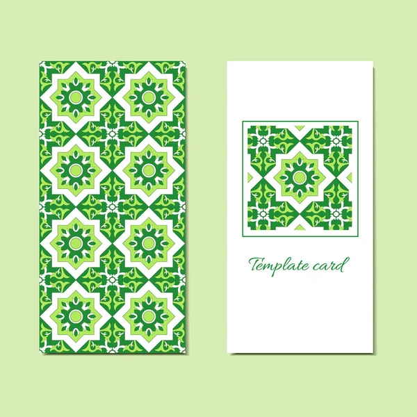 Kartları ve davetiyeler koleksiyonu ile yeşil çini süsleme, geometrik desen — Stok Vektör