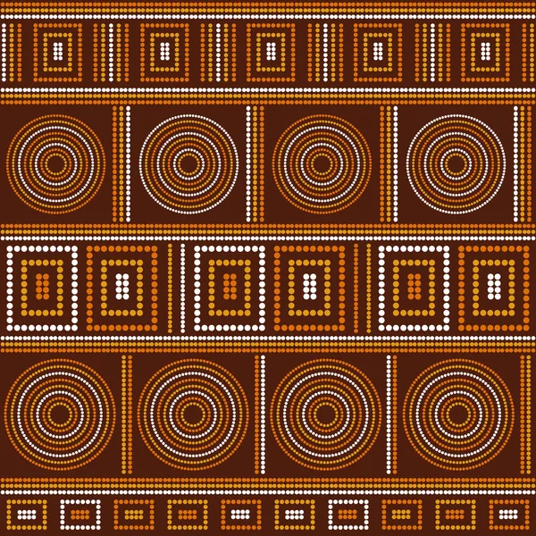 Vetor de padrão tribal de fronteira com círculos pontilhados concêntricos, linhas e quadrados sobre fundo marrom — Vetor de Stock