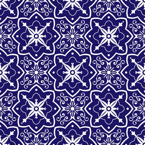 Diagonal tiles pattern vector with blue white floral ornaments. — Stock Vector