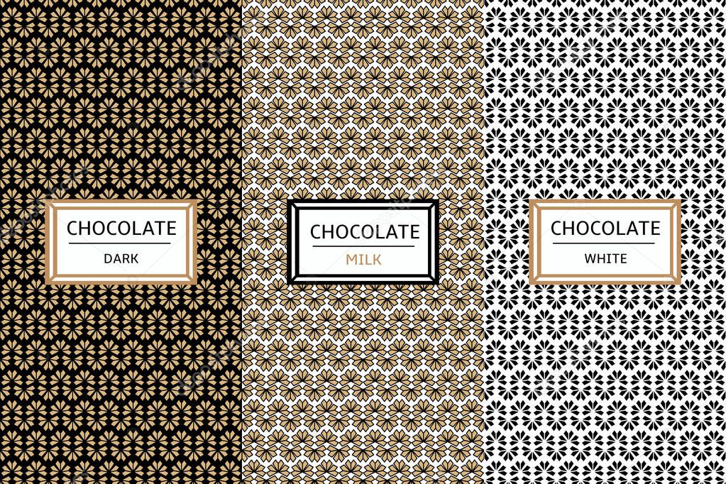 Chocolate Packaging design set. Vector collection of patterns for dark, milk and white chocolate package. Labels or tags for organic cocoa products, sweet desserts, cafe and candy shop.