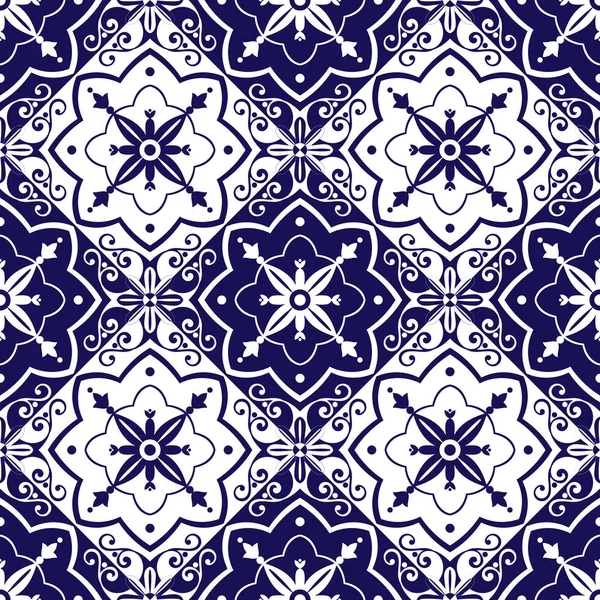 Vecteur de motif de tuiles avec des ornements bleus et blancs — Image vectorielle