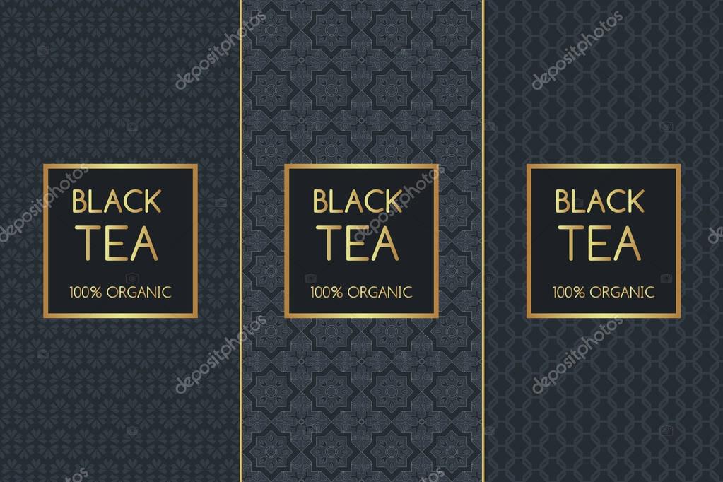 Tea Package set template vector. Luxury collection of seamless patterns for royal black tea label design. Tag for food products and drinks, spa cafe and coffee shop.