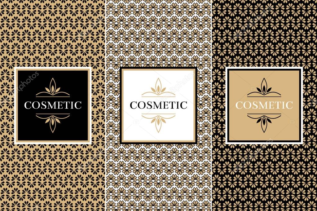 Cosmetic Packaging set design template vector. Collection of seamless patterns for luxury beauty label. Tag for royal spa products, body lotion, soap, shampoo or cream.