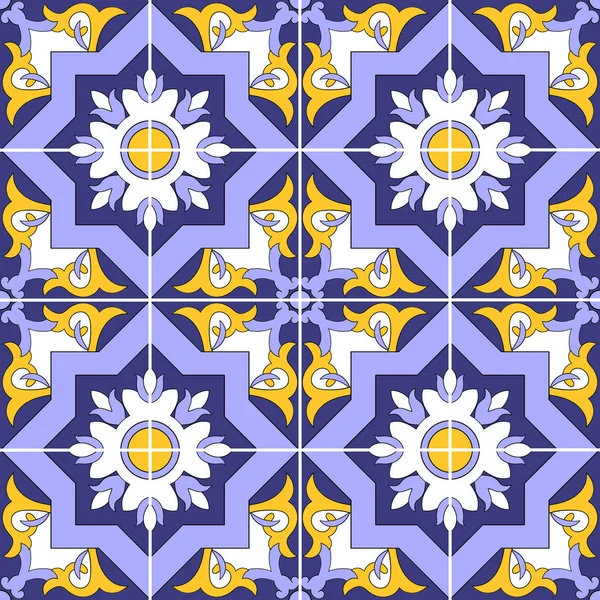 Azulejos sin costura patrón azul, amarillo y blanco vector — Vector de stock