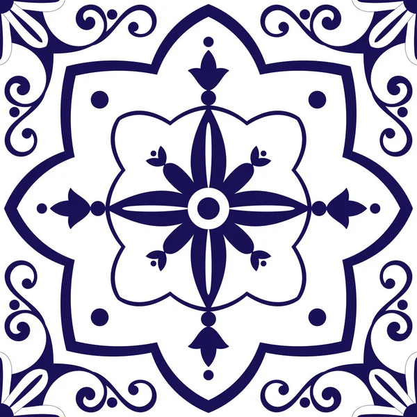 Vecteur motif carreaux arabes avec des ornements de fleurs bleues et blanches — Image vectorielle