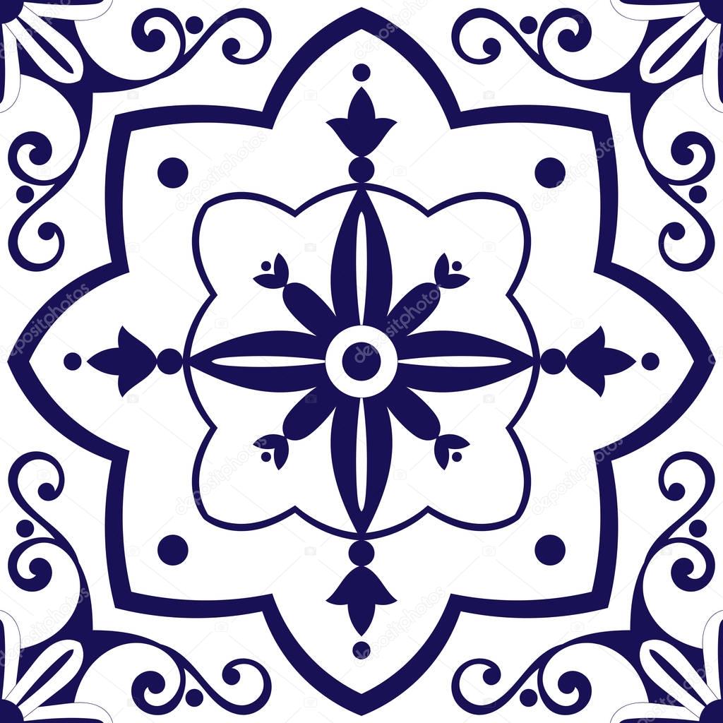 Arabic tiles pattern vector with blue and white flowers ornaments