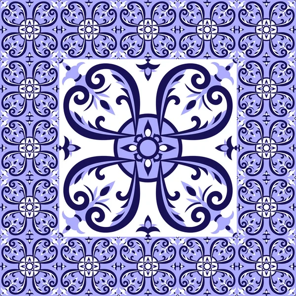 Mexicano azulejos blancos azul patrón de piso vector — Archivo Imágenes Vectoriales