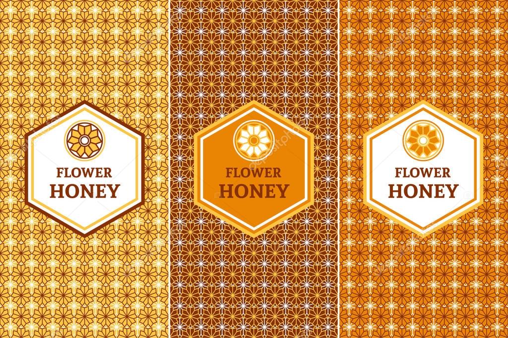 Honey Package set template vector. Candy orange collection of seamless patterns for floral label design. Tag for organic products, eco food, natural cafe and shop.