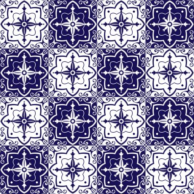 Mavi ve beyaz çiçek süslemeli Meksika fayans tasarlamak vektör