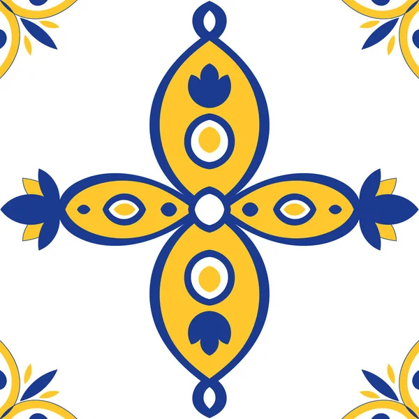 平铺模式无缝蓝色、 黄色和白色多彩 Azulejo — 图库矢量图片