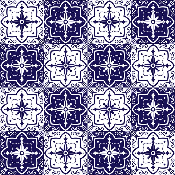 Vector de patrón de azulejos mexicanos con flores azules y blancas adornos — Archivo Imágenes Vectoriales