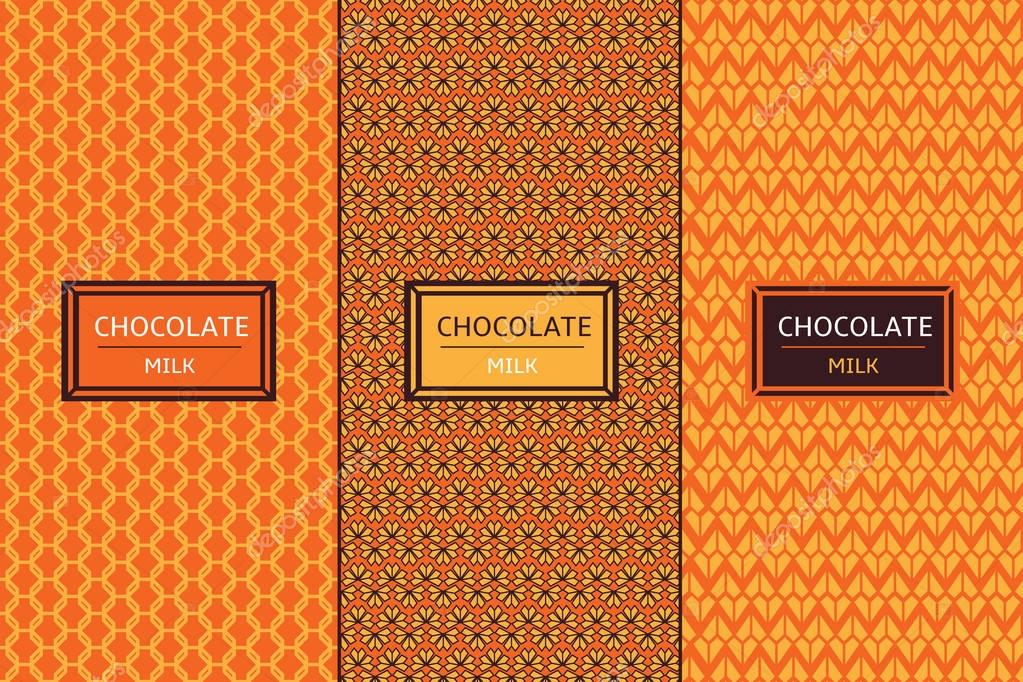Chocolate Package set template vector. Orange collection of seamless patterns for floral autumn label design. Tag for organic cocoa products, seasonal sweet desserts, cafe and handmade candy shop.