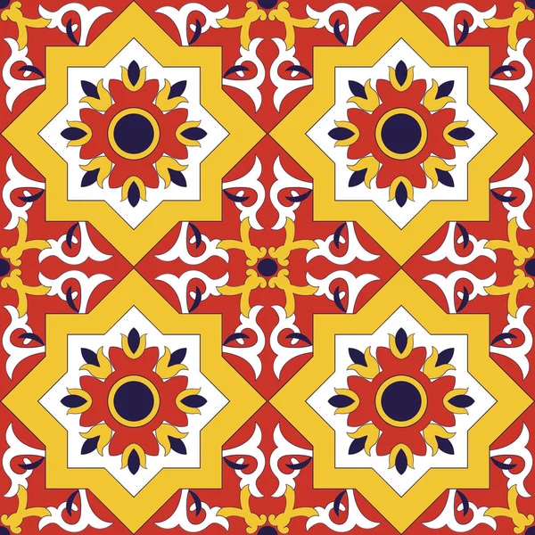西班牙瓷砖模式向量与花朵图案无缝 — 图库矢量图片