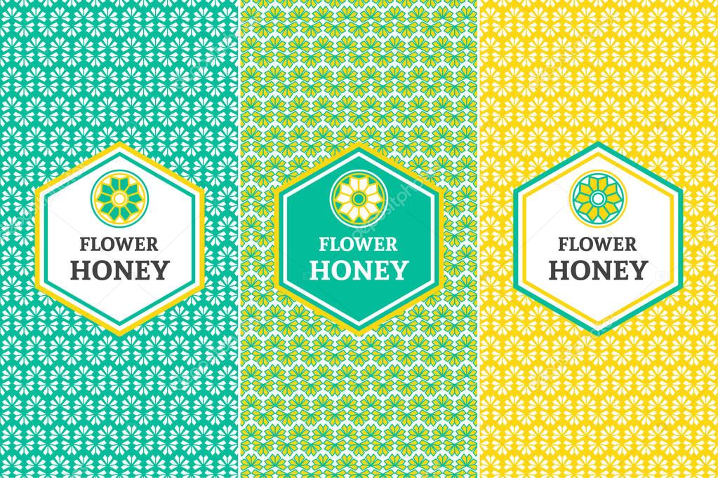 Honey Package set template vector. Nature green collection of seamless patterns for herbal floral label design. Tag for organic products, eco food, natural cafe and shop.