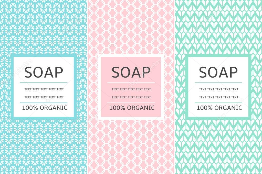 Cosmetic Packaging set design template vector. Pastel collection of seamless patterns for organic beauty label. Tag for natural spa products, body lotion, soap, shampoo or cream.