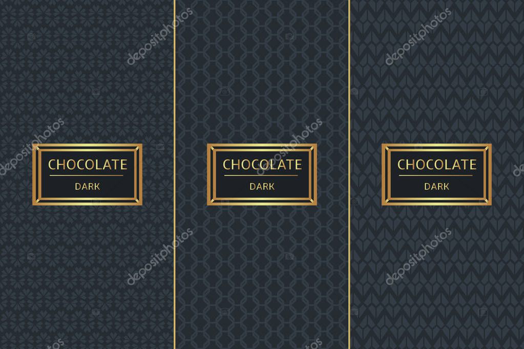 Chocolate Package set design template vector. Collection of seamless patterns for dark luxury label. Tag for royal cocoa products, sweet desserts, cafe and candy shop.