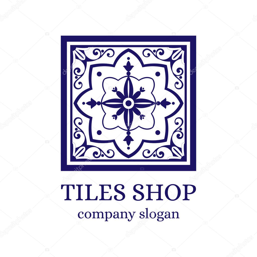 Tiles shop logo template design vector. Branding identity emblem with mosaic ornament for Portugal azulejos store.