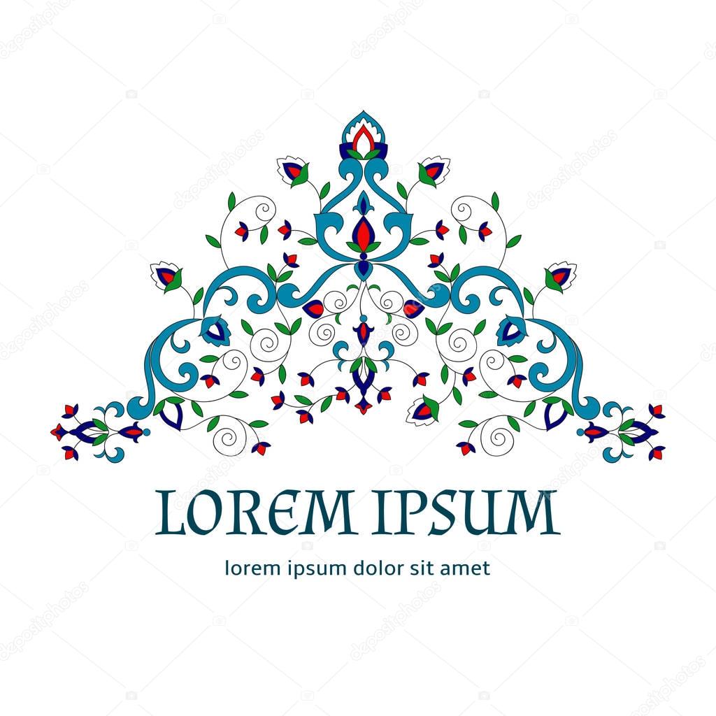 Floral pattern border vector. Victorian spa ornament logo with flowers motifs. Arabesque background for damask save the date card, yoga wallpaper, turkish wedding invitation or moroccan beauty salon.