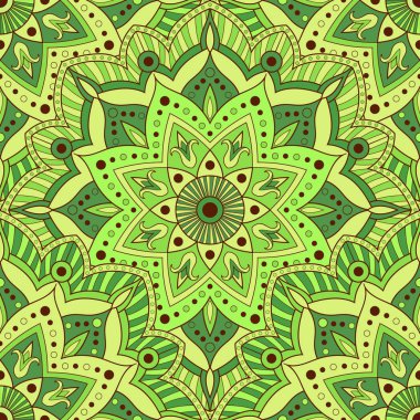 Kağıt, kumaş veya duvar kağıdı sarma için sorunsuz mandala desen. El yeşil süsleme dekorasyon çekilmiş. Hint, oryantal, aşiret, çiçek mandala, Meksika Yazdır.