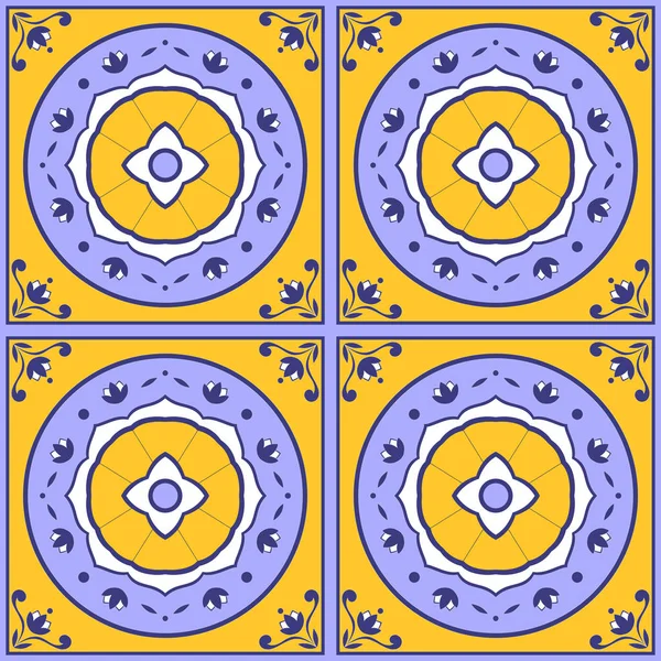 Patrón de azulejo vector sin costuras con motivos de flores. Azulejo azulejos portugueses, diseño español, marroquí, mayólica italiana o azulejos árabes — Vector de stock