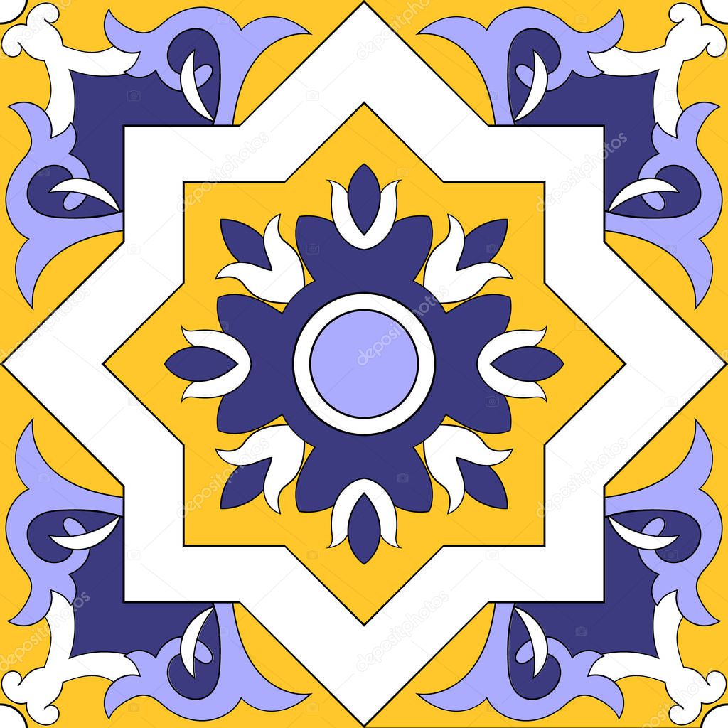 Tile pattern design vector. Portuguese patterns tiles - azulejo. Blue, yellow and white tiled pattern design.