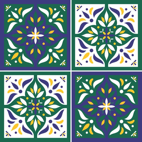 Padrão de azulejos espanhol vetor com ornamentos azuis, verdes, amarelos e brancos — Vetor de Stock