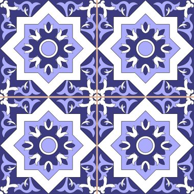 Karo zemin - süs sorunsuz vektör mavi ve beyaz renk desen. Azulejo, Portekiz fayans, İspanyolca, Fas, talavera, Türk veya delft Hollandalı fayans çiçek motifleriyle Tasarla.