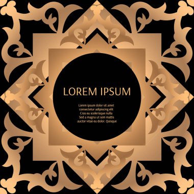 Lüks arka plan vektör. Oryantal düğün tasarım. Mağribi altın siyah tasarlamak çerçeve. Barok süsleme gelin moda için art deco baskı, güzellik spa salonu veya royal tatil parti kartları.