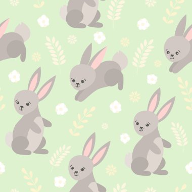 Şirin Bebek modeli ile küçük tavşan. Karikatür hayvan çocuk vektör sorunsuz yazdırın. Orman tavşan ve çiçek giyim, t-shirt, Bebek bezi, pijama, yatak Tekstil için komik çocuklar arka plan.