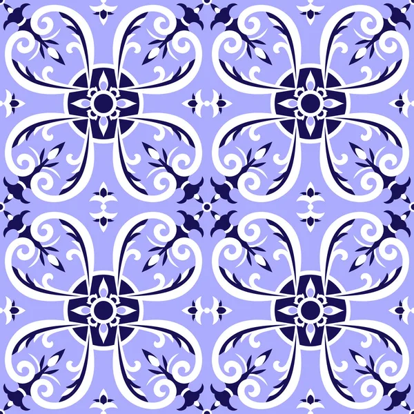 Italienskt kakel mönster vektor med ornament i blått och vitt. Portugal azulejo, mexikanska talavera, delft holländska eller spanska Majolika motiv. Klinkergolv bakgrund för keramik eller tyg design. — Stock vektor