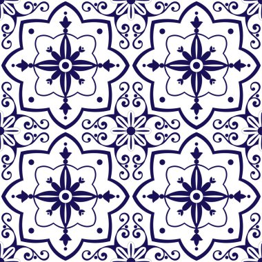 Mexican tiles pattern vector with blue and white flowers ornaments clipart