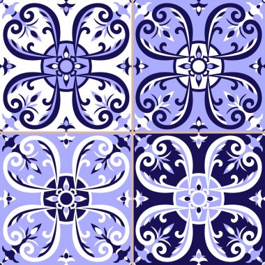 Mavi ve beyaz süslemeli 4 Portekizce fayans tasarlamak vektör kümesi. Portekiz azulejo, Meksikalı talavera, delft Felemenkçe, İtalyanca veya İspanyolca motifleri. 