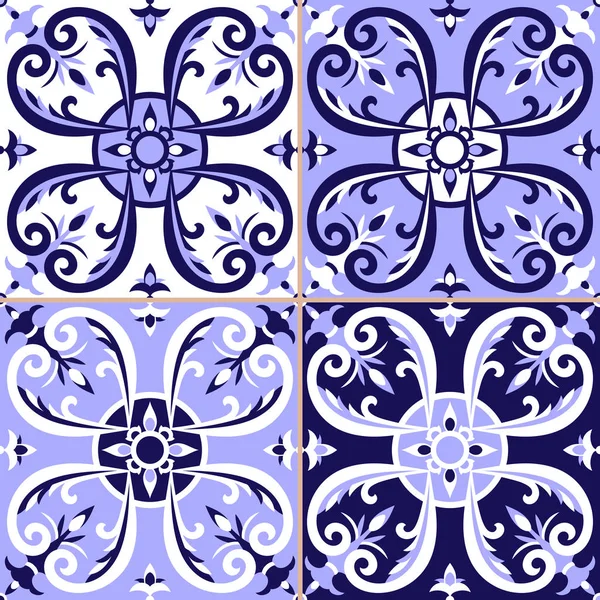 Set de 4 azulejos portugueses patrón vectorial con adornos azules y blancos. Portugal azulejo, talavera mexicana, delft dutch, motivos italianos o españoles . — Archivo Imágenes Vectoriales