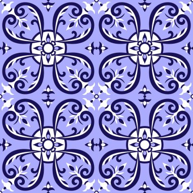 Portekizce tasarlamak vektör mavi ve beyaz süslemeli döşer. Portekiz azulejo, Meksikalı talavera, delft Felemenkçe, İtalyanca veya İspanyolca motifler. Kiremitli kat arka plan seramik veya kumaş tasarımı için.