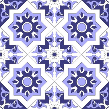 Karo zemin - süs sorunsuz vektör mavi ve beyaz renk desen. Azulejo, Portekiz fayans, İspanyolca, Fas, talavera, Türk veya delft Hollandalı fayans çiçek motifleriyle Tasarla.