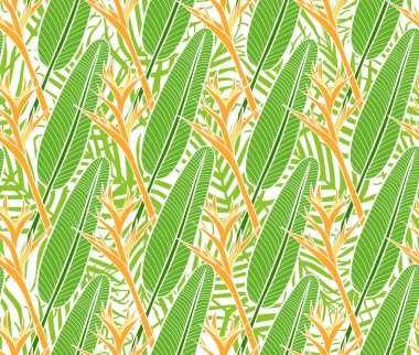 Tropikal çiçek desen vektör yaz sorunsuz. Egzotik orman çiçek heliconia ve palmiye ağacı doku beyaz arka plan üzerinde. Tasarım duvar kağıdı, moda mayo kumaş, bali beach parti kartları için.