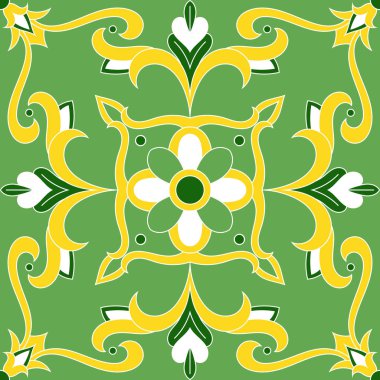 Doğa çiçek süslemeli tasarlamak vektör yeşil çini. Portekizce azulejos, Meksikalı talavera, İspanyolca veya Sicilya İtalyan Mayolikası motifler. Vintage doku duvar kağıdı, kumaş veya seramik için yazdırma.