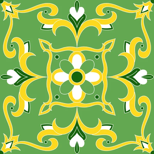 Vetor de padrão de azulejo verde com ornamentos florais natureza. Azulejos portugueses, talavera mexicano, motivos majólicos espanhóis ou da Sicília italiana. Impressão de textura vintage para papel de parede, tecido ou cerâmica . —  Vetores de Stock