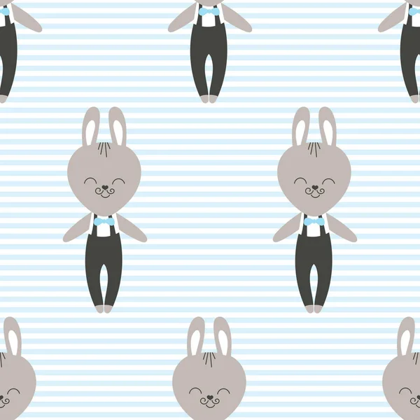 Lindo patrón de bebé con conejito. Dibujos animados animal niño impresión vector sin costuras. Fondo con conejo en corbata y pantalones con tirantes para niños tela, guardería o fiesta de cumpleaños para niños . — Vector de stock