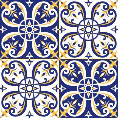 Beyaz, mavi ve Sarı kiremit tasarlamak vektör. Portekiz azulejos, Meksikalı talavera, İspanyolca, İtalyanca Mayolikası veya Fas tasarım. Kağıt, seramik duvar ya da kumaş sarma için yer karoları yazdırma.