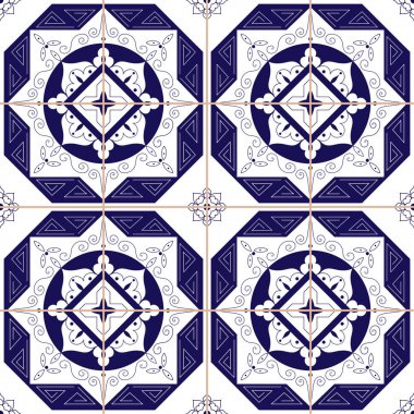 Koyu mavi ve beyaz süsler gelen İspanyol döşeme deseni. Portekizce azulejo, Meksika, Fas veya Arapça motifler. Fayans zemin tasarımı. Arka plan duvar kağıdı, yüzey dokusu, kaydırma veya kumaş için.