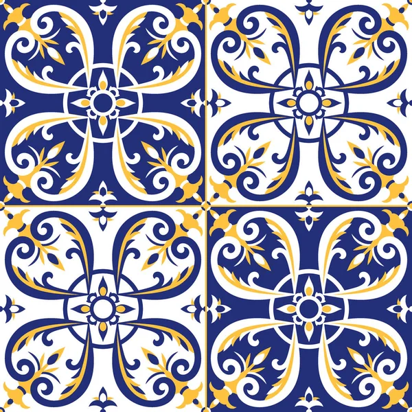 Вектор белого, синего и жёлтого цветов. Portugal azulejos, mexican talavera, spanish, italian majolica or moroccan design. Напольная плитка для упаковки бумаги, настенной керамики или ткани . — стоковый вектор