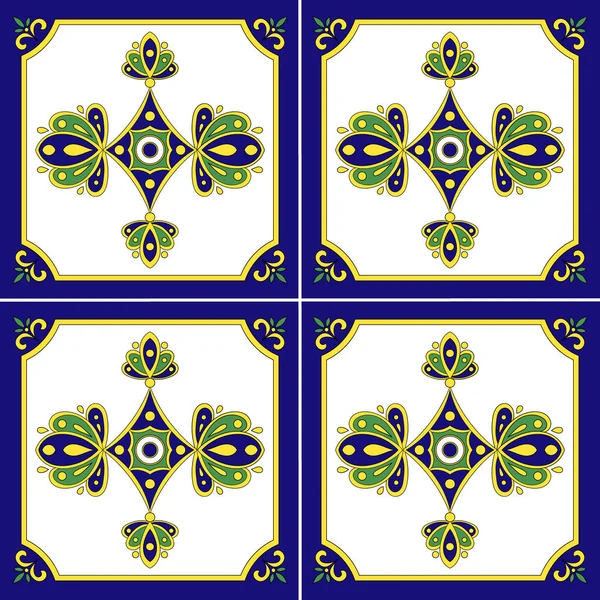 Tegelvloer Azulejos. Portugese tegels patroon naadloze vector blauwe, gele, groene en witte kleur. Portugal traditionele sieraad. — Stockvector