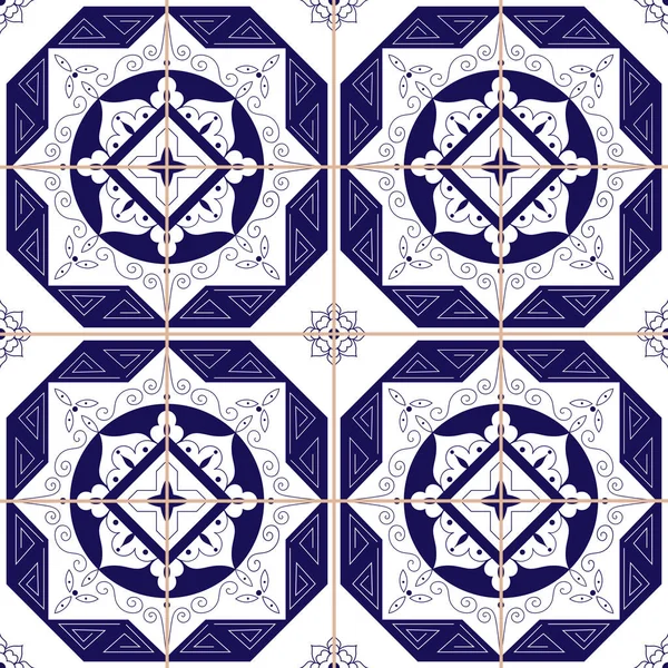 Spanska kakel mönster från Mörk blå och vita prydnader. Portugisiska azulejo, mexikanska, marockanska eller arabiska motiv. Kakel golv design. Bakgrunden för tapet, ytstruktur, inslagning eller tyg. — Stock vektor