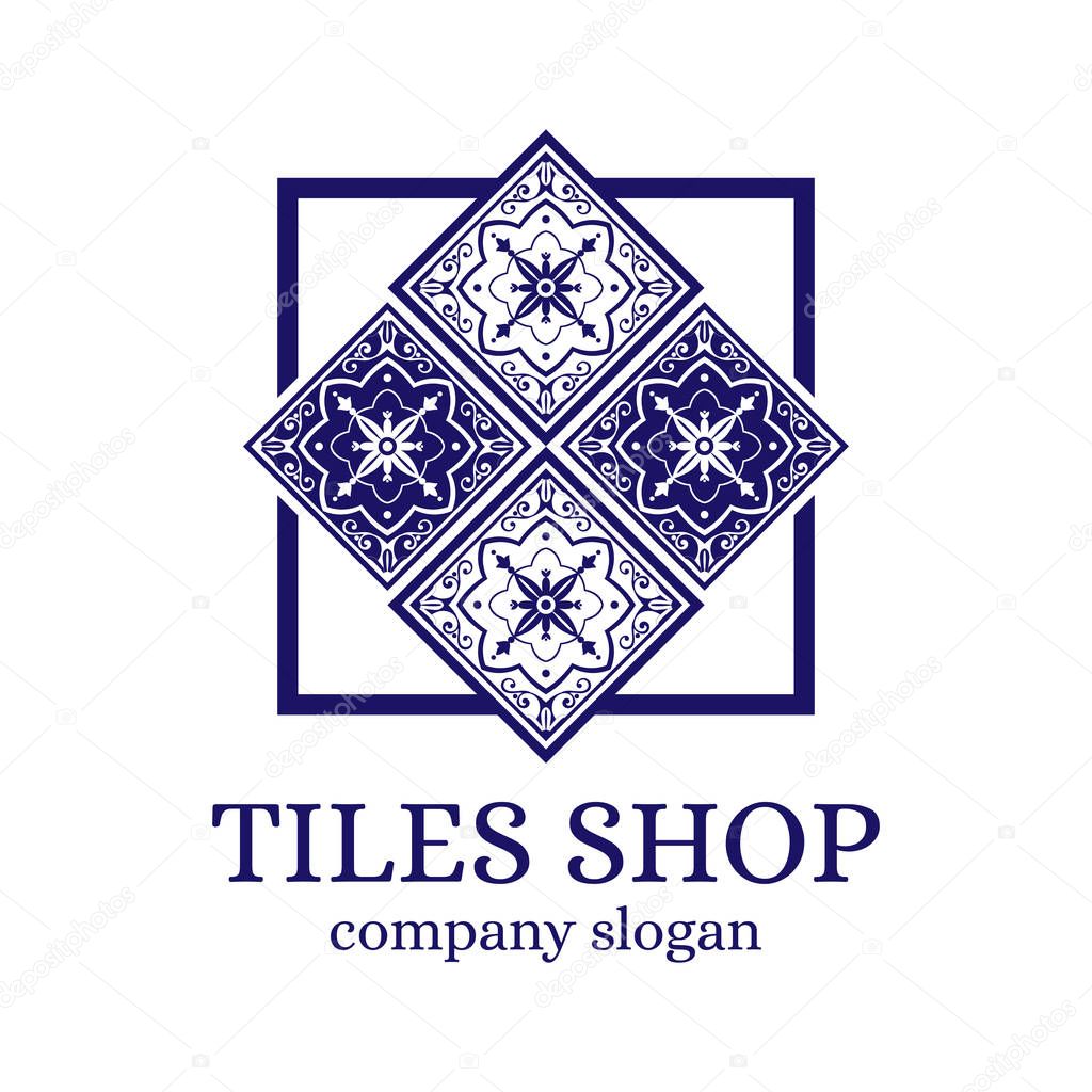 Tiles shop logo template design vector. Branding identity emblem with delft mosaic ornament for Dutch ceramic store.